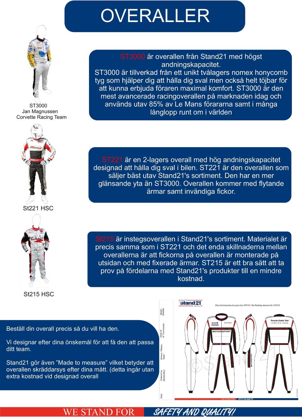 ST3000 är den mest avancerade racingoverallen på marknaden idag och används utav 85% av Le Mans förararna samt i många långlopp runt om i världen ST221 är en 2-lagers overall med hög