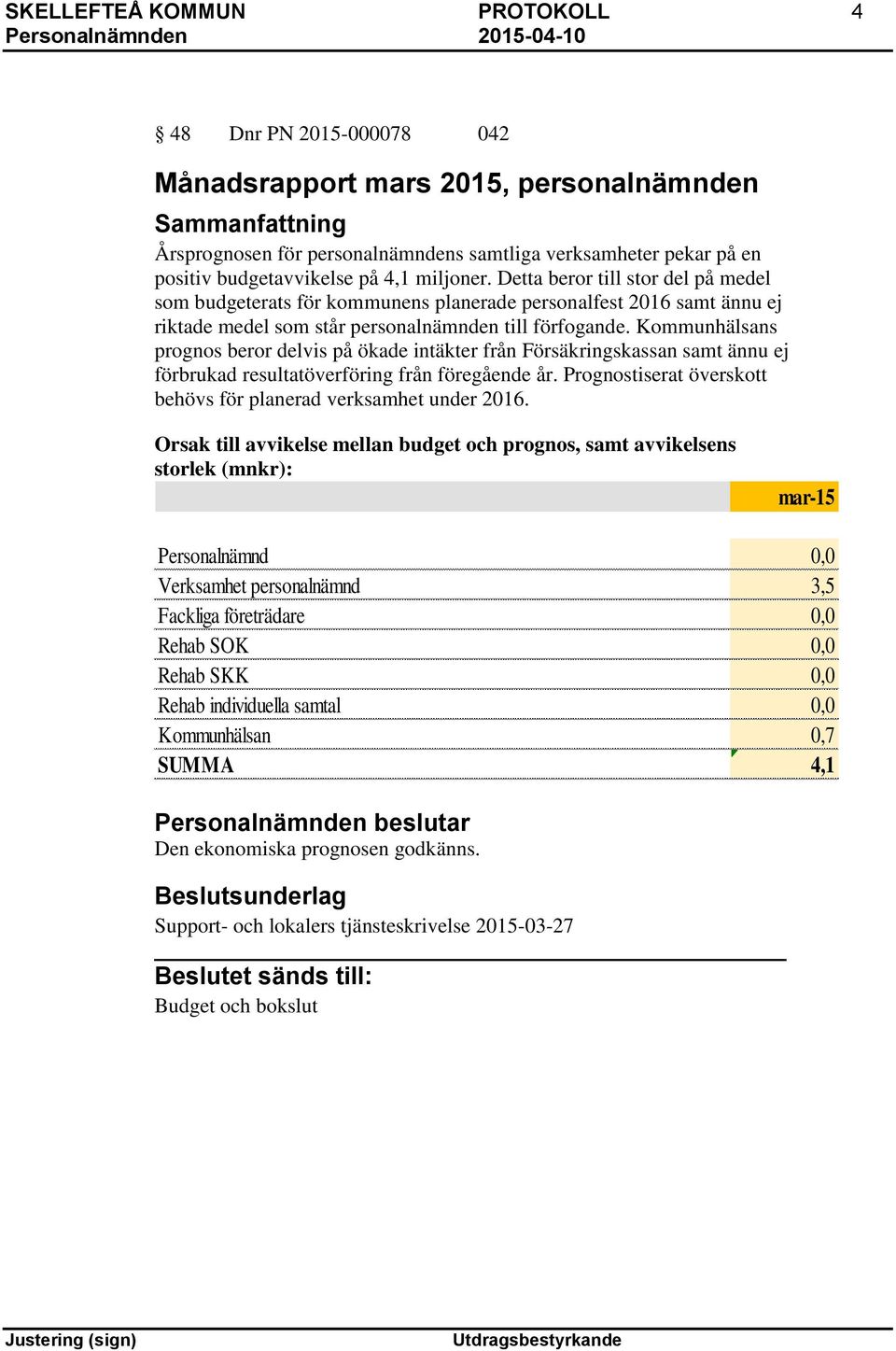 Kommunhälsans prognos beror delvis på ökade intäkter från Försäkringskassan samt ännu ej förbrukad resultatöverföring från föregående år.