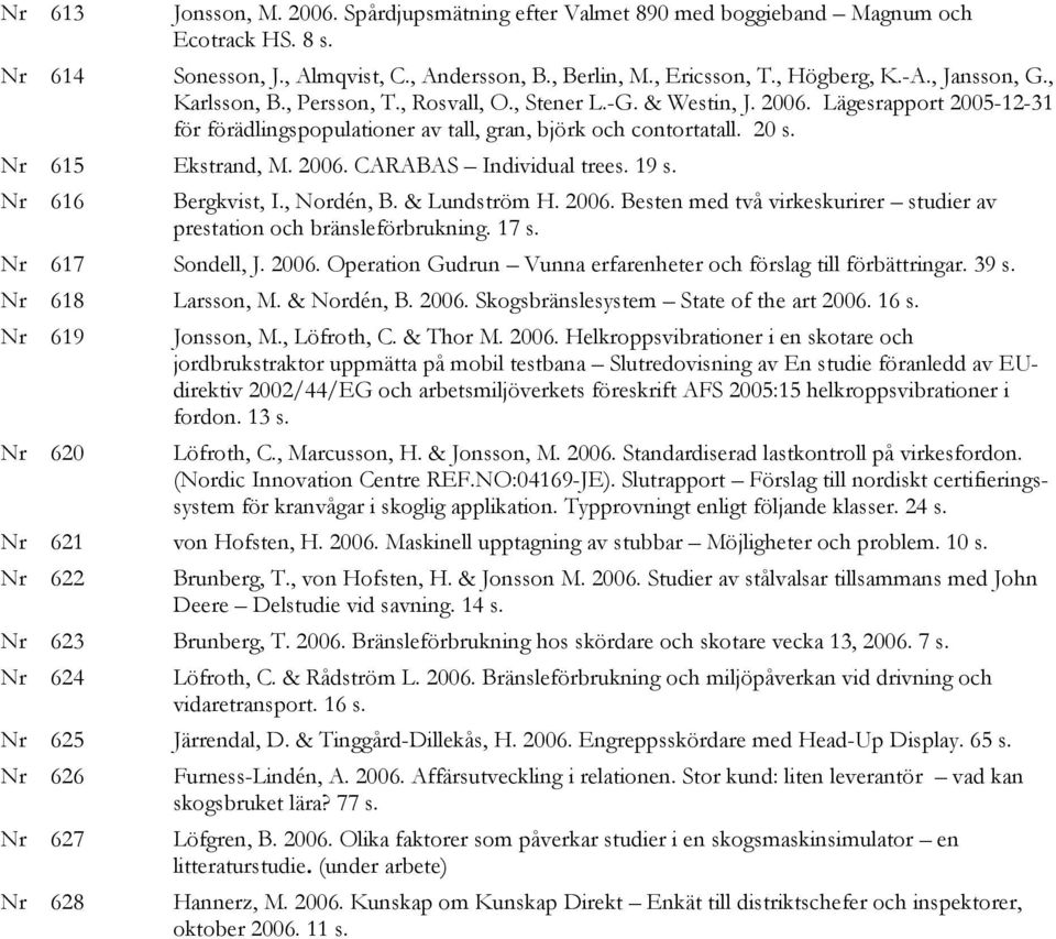 Nr 615 Ekstrand, M. 2006. CARABAS Individual trees. 19 s. Nr 616 Bergkvist, I., Nordén, B. & Lundström H. 2006. Besten med två virkeskurirer studier av prestation och bränsleförbrukning. 17 s.