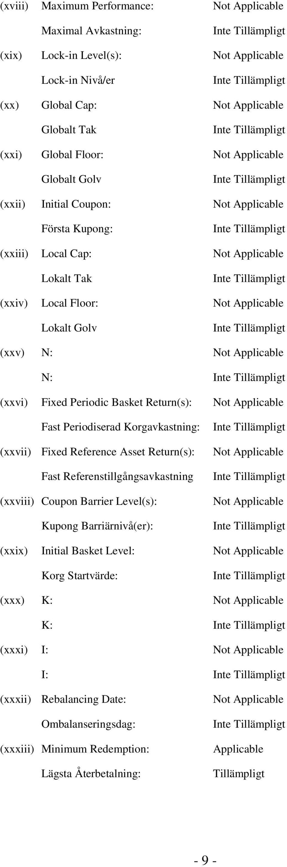 Periodic Basket Return(s): Not Applicable Fast Periodiserad Korgavkastning: (xxvii) Fixed Reference Asset Return(s): Fast Referenstillgångsavkastning (xxviii) Coupon Barrier Level(s): Kupong