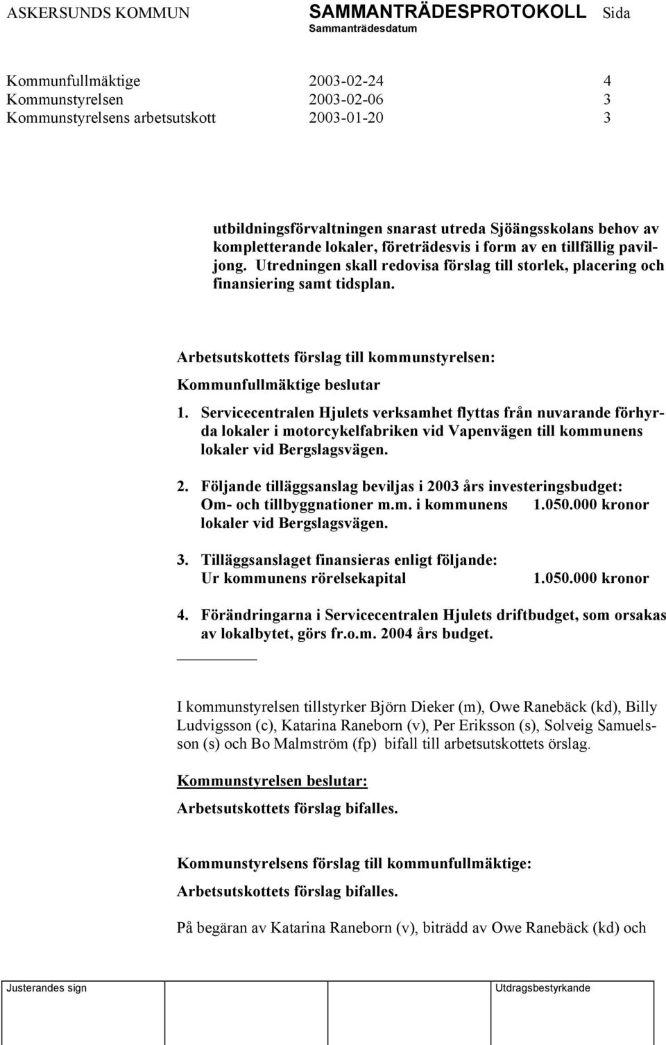 Arbetsutskottets förslag till kommunstyrelsen: Kommunfullmäktige beslutar 1.