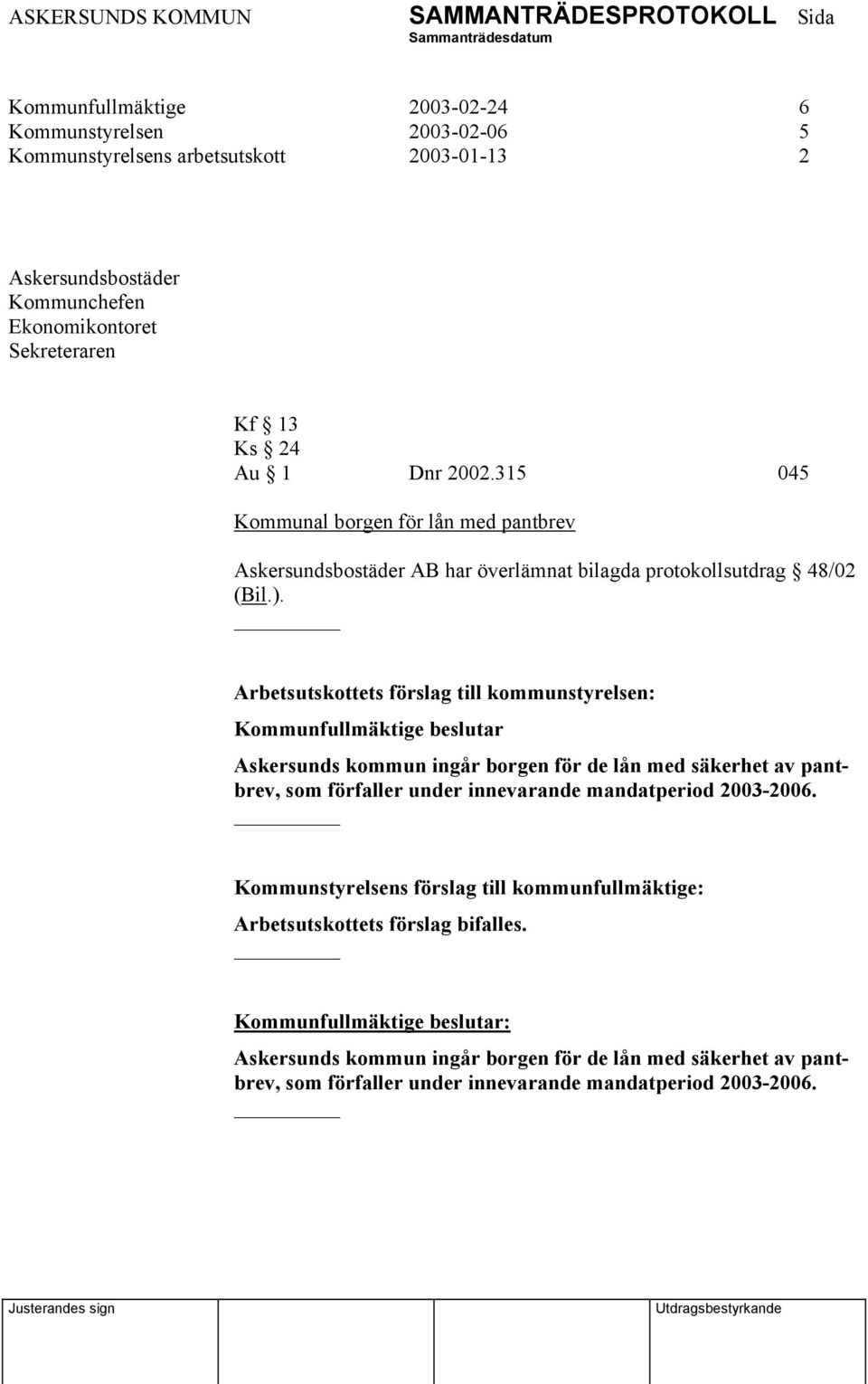 Arbetsutskottets förslag till kommunstyrelsen: Kommunfullmäktige beslutar Askersunds kommun ingår borgen för de lån med säkerhet av pantbrev, som förfaller under innevarande mandatperiod