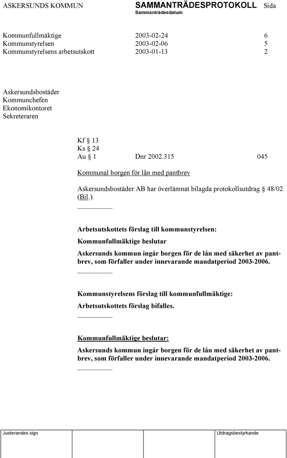 Arbetsutskottets förslag till kommunstyrelsen: Kommunfullmäktige beslutar Askersunds kommun ingår borgen för de lån med säkerhet av pantbrev, som förfaller under innevarande mandatperiod