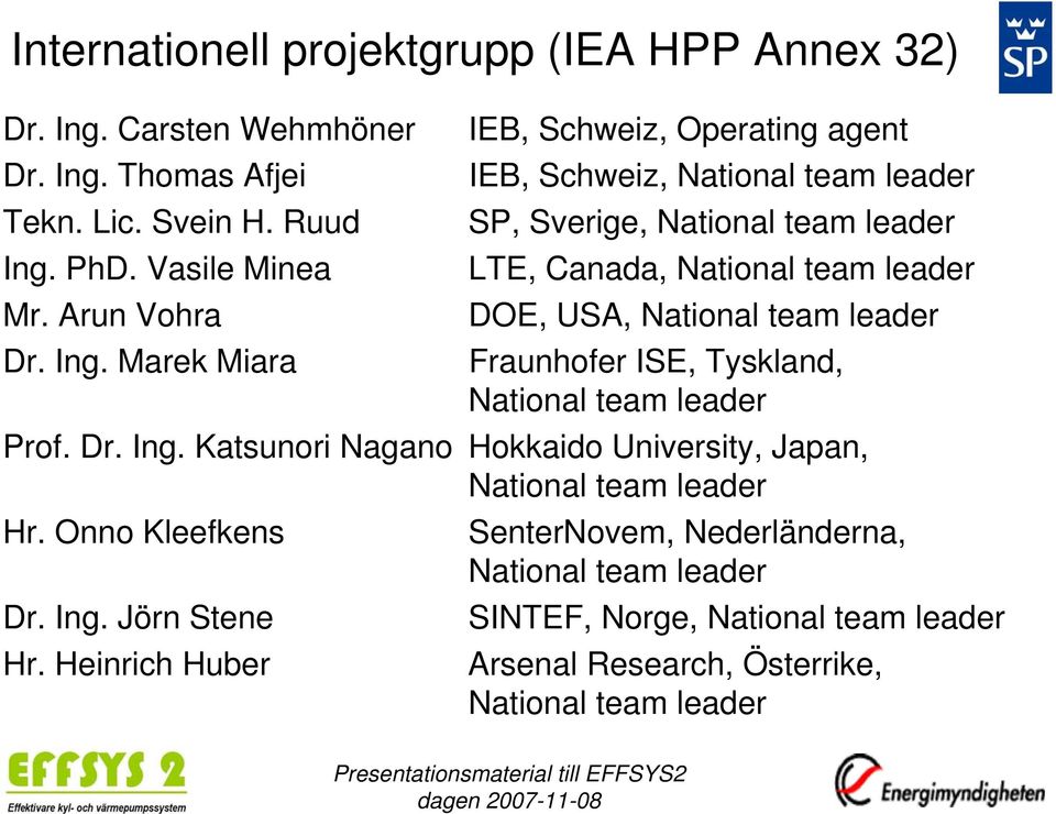 National team leader Fraunhofer ISE, Tyskland, National team leader Prof. Dr. Ing. Katsunori Nagano Hokkaido University, Japan, National team leader Hr.