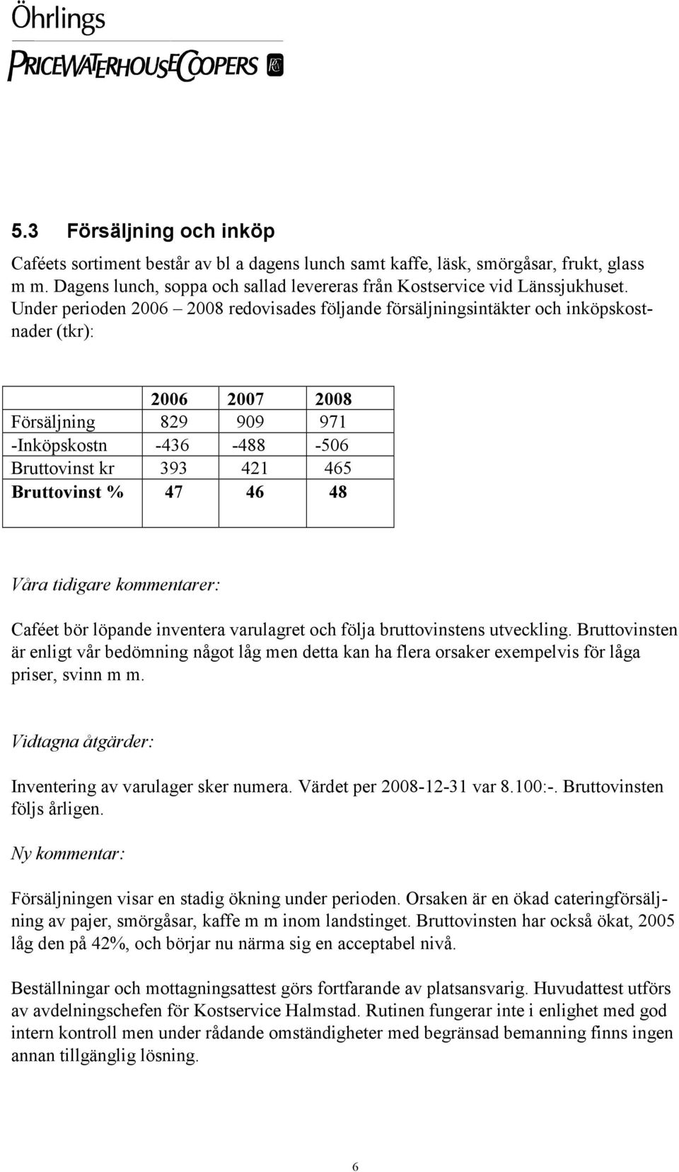 % 47 46 48 Caféet bör löpande inventera varulagret och följa bruttovinstens utveckling.