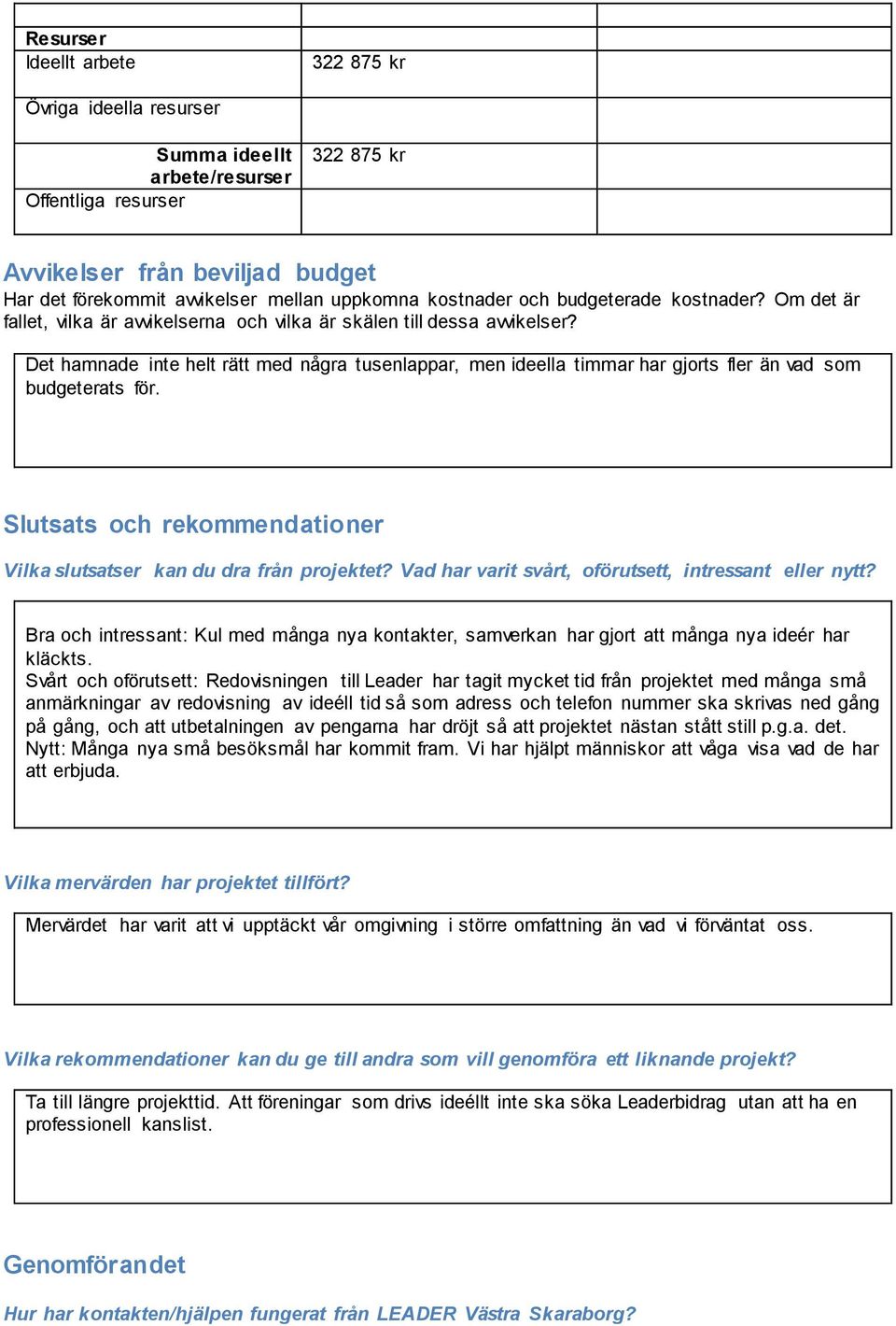 Det hamnade inte helt rätt med några tusenlappar, men ideella timmar har gjorts fler än vad som budgeterats för. Slutsats och rekommendationer Vilka slutsatser kan du dra från projektet?