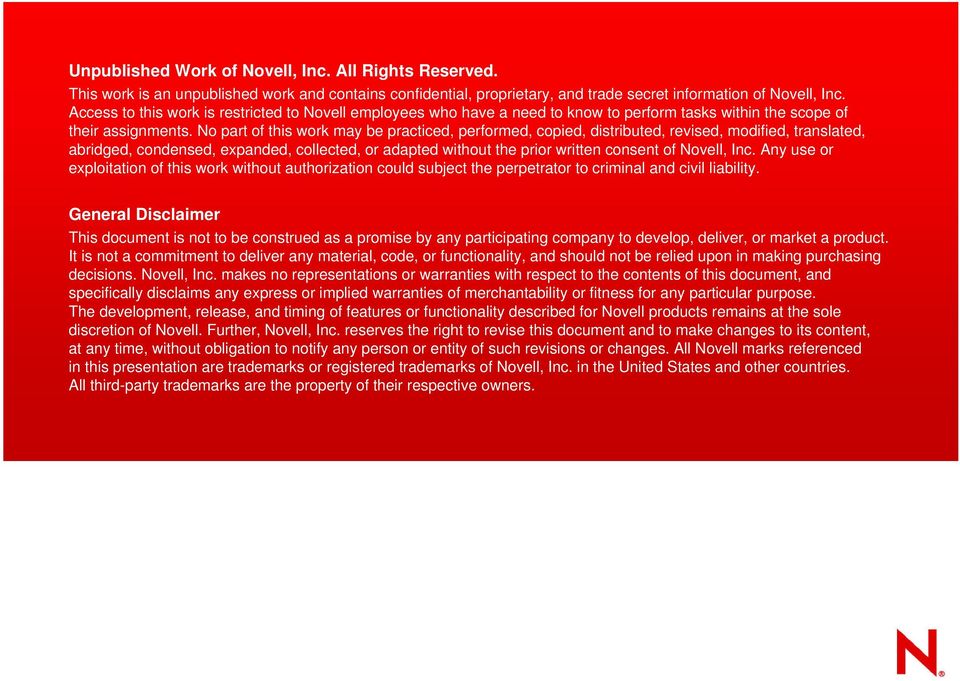 No part of this work may be practiced, performed, copied, distributed, revised, modified, translated, abridged, condensed, expanded, collected, or adapted without the prior written consent of Novell,