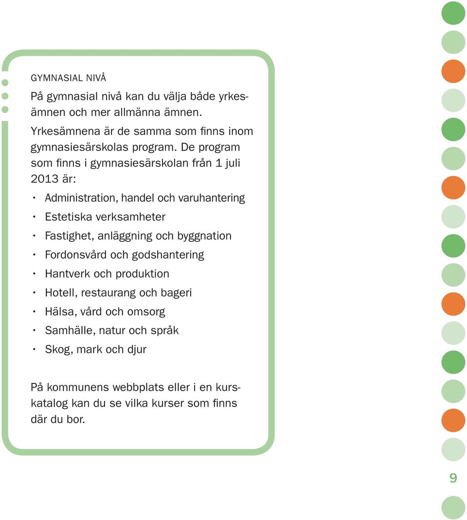 De program som finns i gymnasiesärskolan från 1 juli 2013 är: Administration, handel och varuhantering Estetiska verksamheter Fastighet,