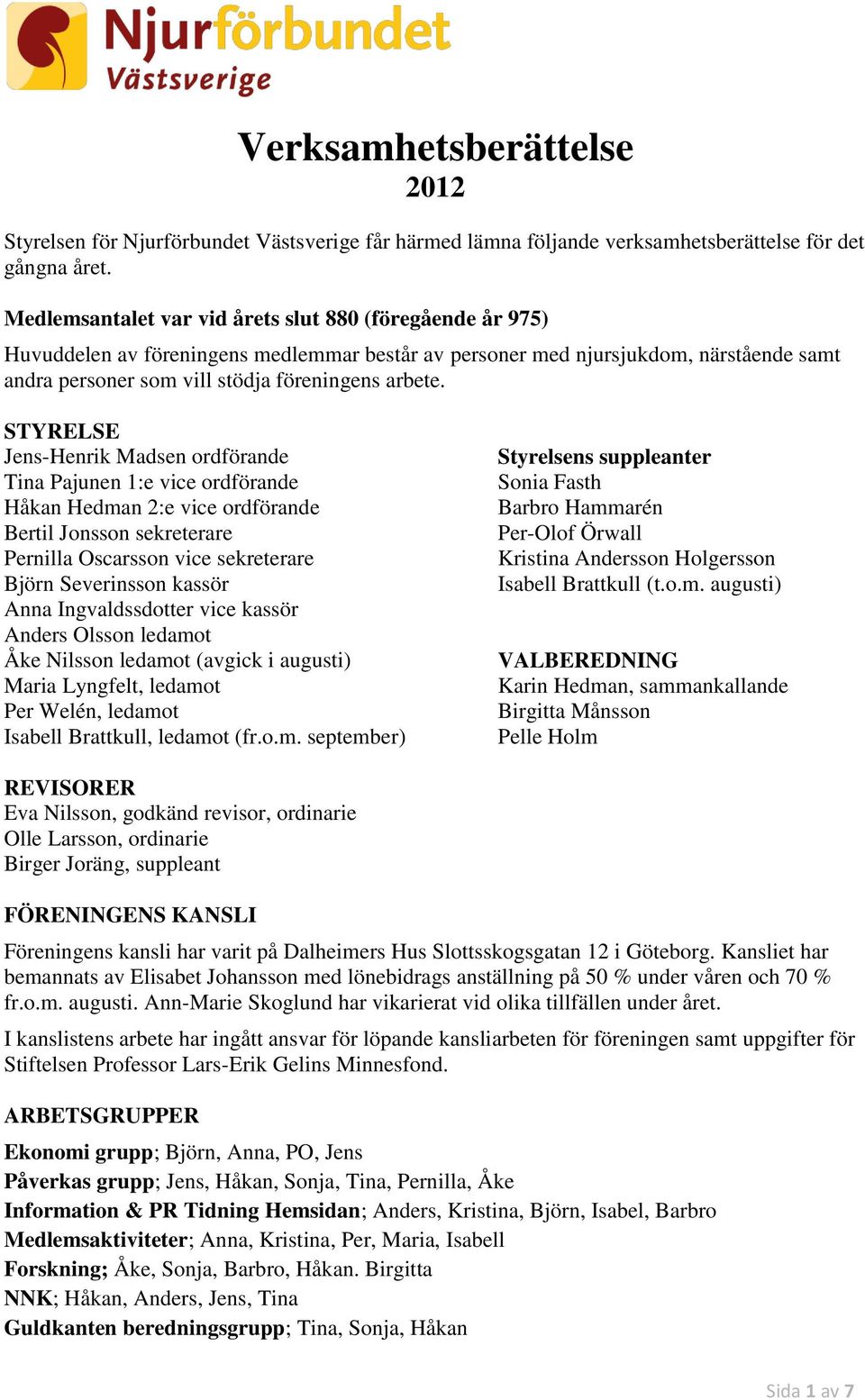 STYRELSE Jens-Henrik Madsen ordförande Tina Pajunen 1:e vice ordförande Håkan Hedman 2:e vice ordförande Bertil Jonsson sekreterare Pernilla Oscarsson vice sekreterare Björn Severinsson kassör Anna