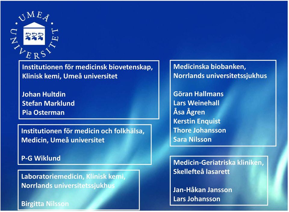 universitetssjukhus Birgitta Nilsson Medicinska biobanken, Norrlands universitetssjukhus Göran Hallmans Lars Weinehall Åsa