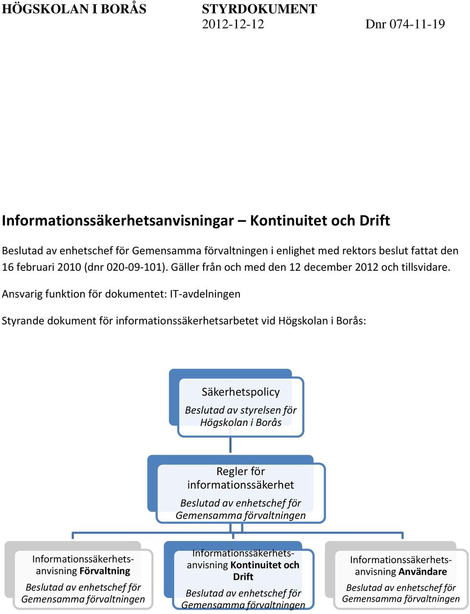 Ansvarig funktion för dokumentet: IT-avdelningen Styrande dokument för informationssäkerhetsarbetet vid Högskolan i Borås: Säkerhetspolicy Beslutad av styrelsen för Högskolan i Borås Regler för
