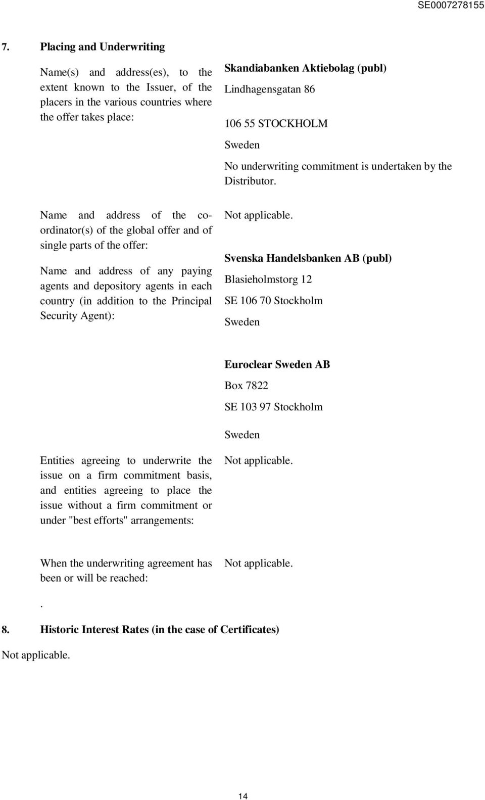 Name and address of the coordinator(s) of the global offer and of single parts of the offer: Name and address of any paying agents and depository agents in each country (in addition to the Principal