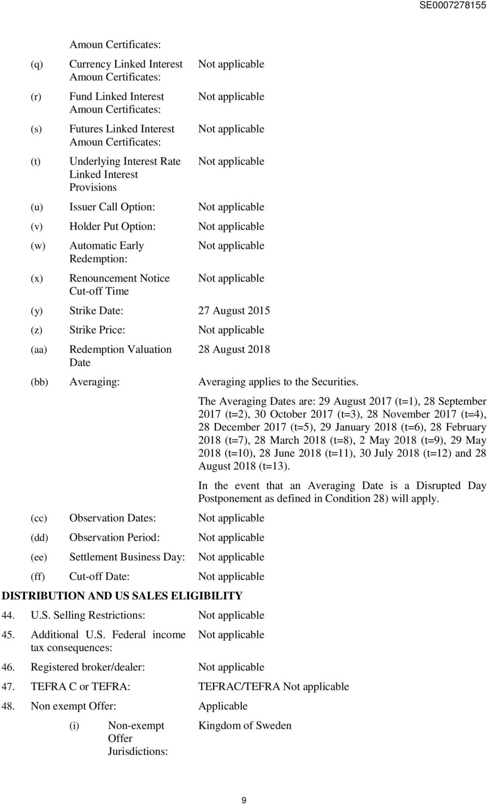 Renouncement Notice Cut-off Time Not applicable Not applicable (y) Strike Date: 27 August 2015 (z) Strike Price: Not applicable (aa) Redemption Valuation Date 28 August 2018 (bb) Averaging: Averaging