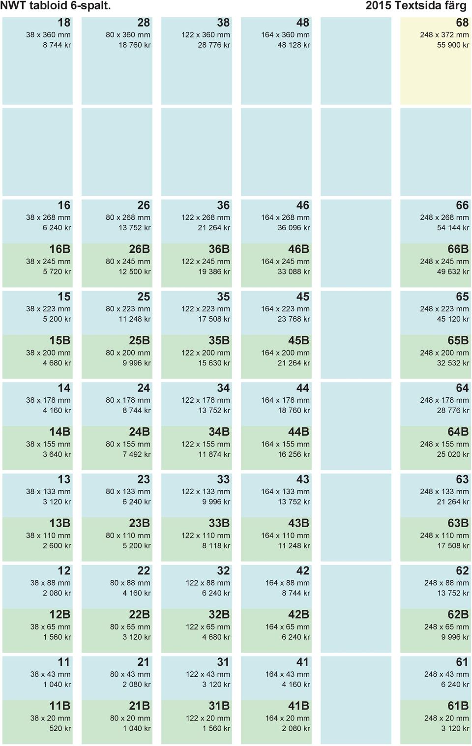 164 x 268 mm 248 x 268 mm 6 240 kr 13 752 kr 264 kr 36 096 kr 54 144 kr 16B 26B 36B 46B 66B 38 x 245 mm 80 x 245 mm 122 x 245 mm 164 x 245 mm 248 x 245 mm 5 720 kr 12 500 kr 19 386 kr 33 088 kr 49