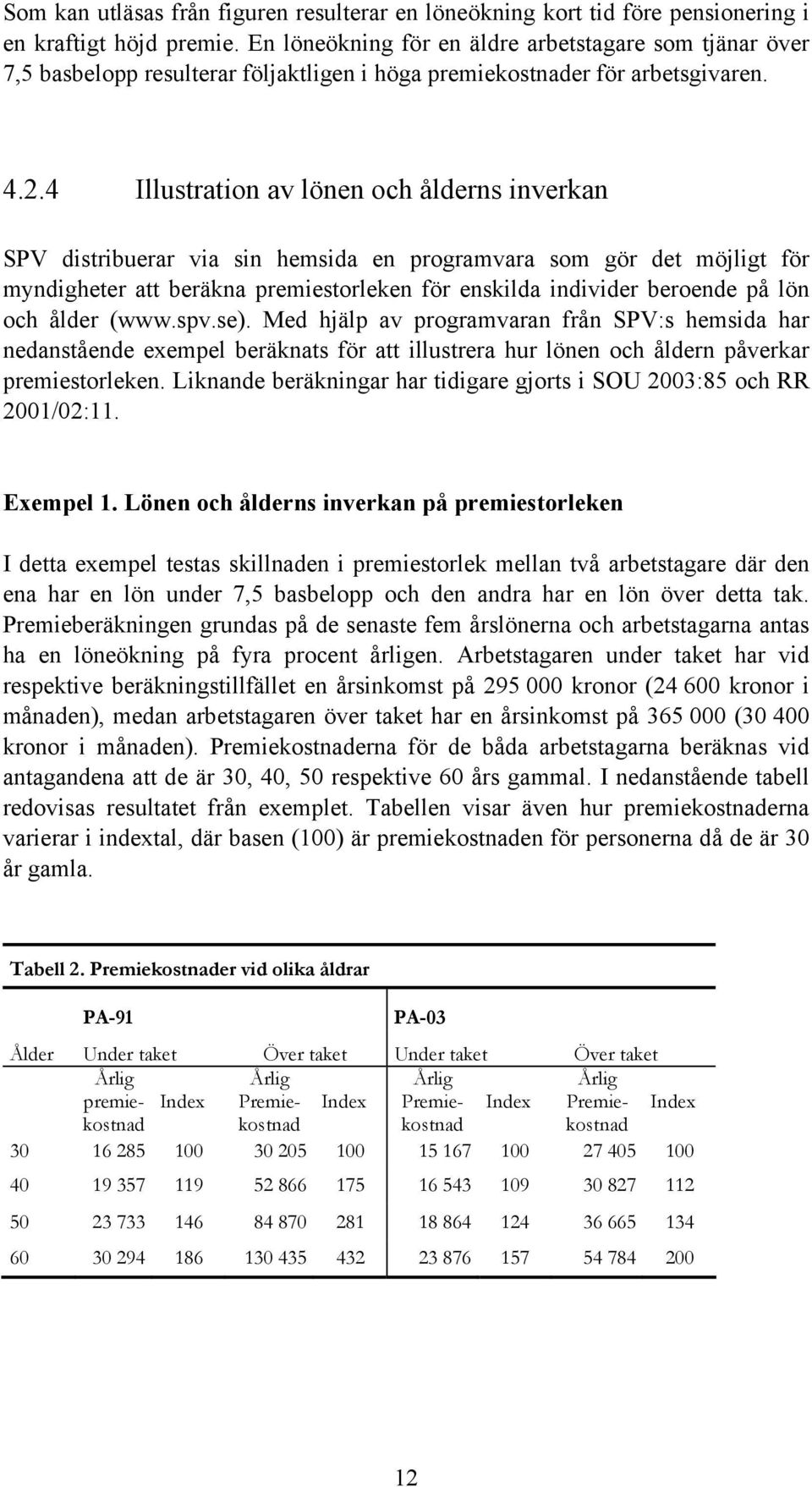 4 Illustration av lönen och ålderns inverkan SPV distribuerar via sin hemsida en programvara som gör det möjligt för myndigheter att beräkna premiestorleken för enskilda individer beroende på lön och