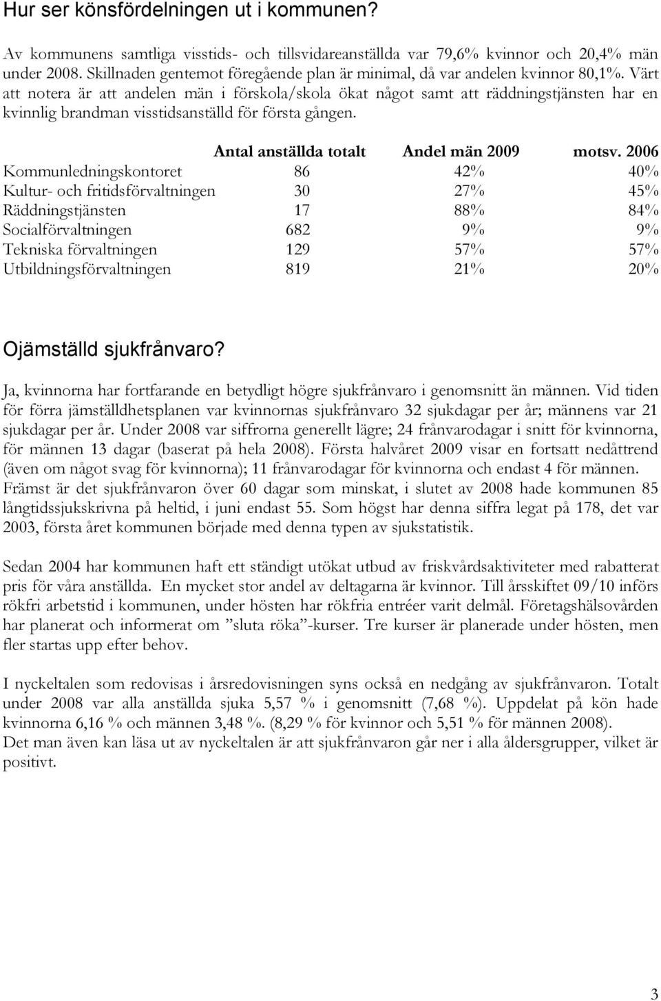 Värt att notera är att andelen män i förskola/skola ökat något samt att räddningstjänsten har en kvinnlig brandman visstidsanställd för första gången. Antal anställda totalt Andel män 2009 motsv.