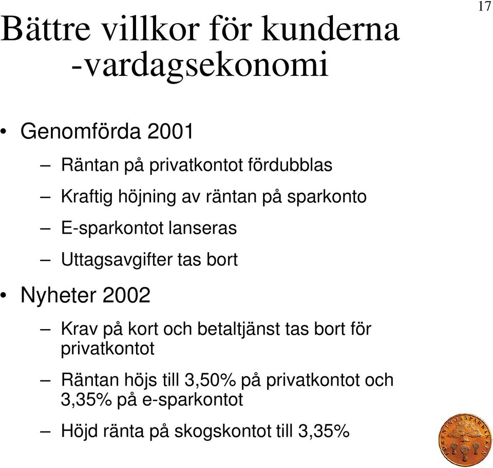 tas bort Nyheter 2002 Krav på kort och betaltjänst tas bort för privatkontot Räntan