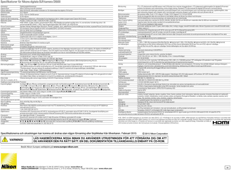 referensdata för borttagning av damm i bilden (programvaran Capture NX-D krävs) Bildstorlek (pixlar) 6 000 4 000 [L] 4 496 3 000 [M] 2 992 2 000 [S] Filformat NEF (RAW): 12 eller 14 bitars,