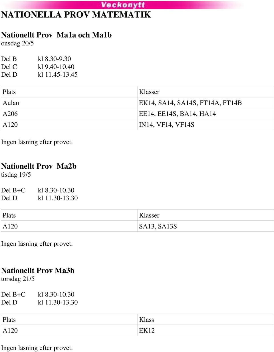 provet. Nationellt Prov Ma2b tisdag 19/5 Del B+C kl 8.30-10.30 Del D kl 11.30-13.