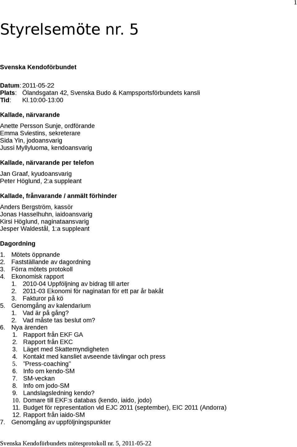 kyudoansvarig Peter Höglund, 2:a suppleant Kallade, frånvarande / anmält förhinder Anders Bergström, kassör Jonas Hasselhuhn, iaidoansvarig Kirsi Höglund, naginataansvarig Jesper Waldestål, 1:a