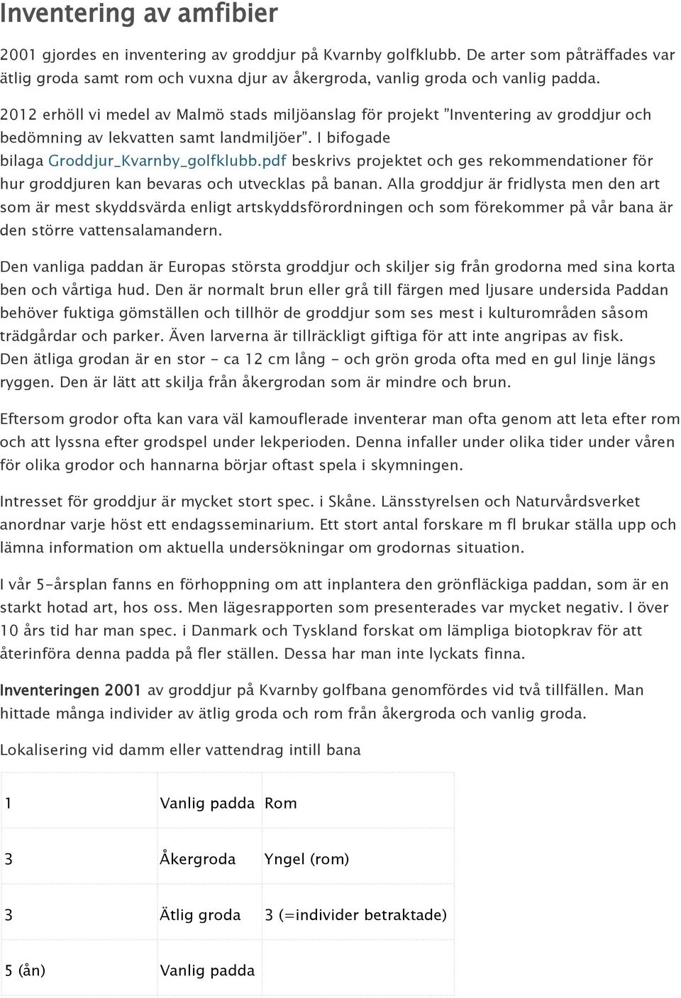 pdf beskrivs projektet och ges rekommendationer för hur groddjuren kan bevaras och utvecklas på banan.
