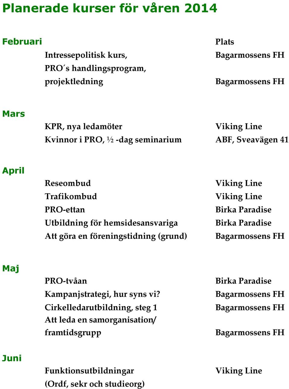 föreningstidning (grund) Viking Line Viking Line Birka Paradise Birka Paradise Bagarmossens FH Maj PRO-tvåan Kampanjstrategi, hur syns vi?