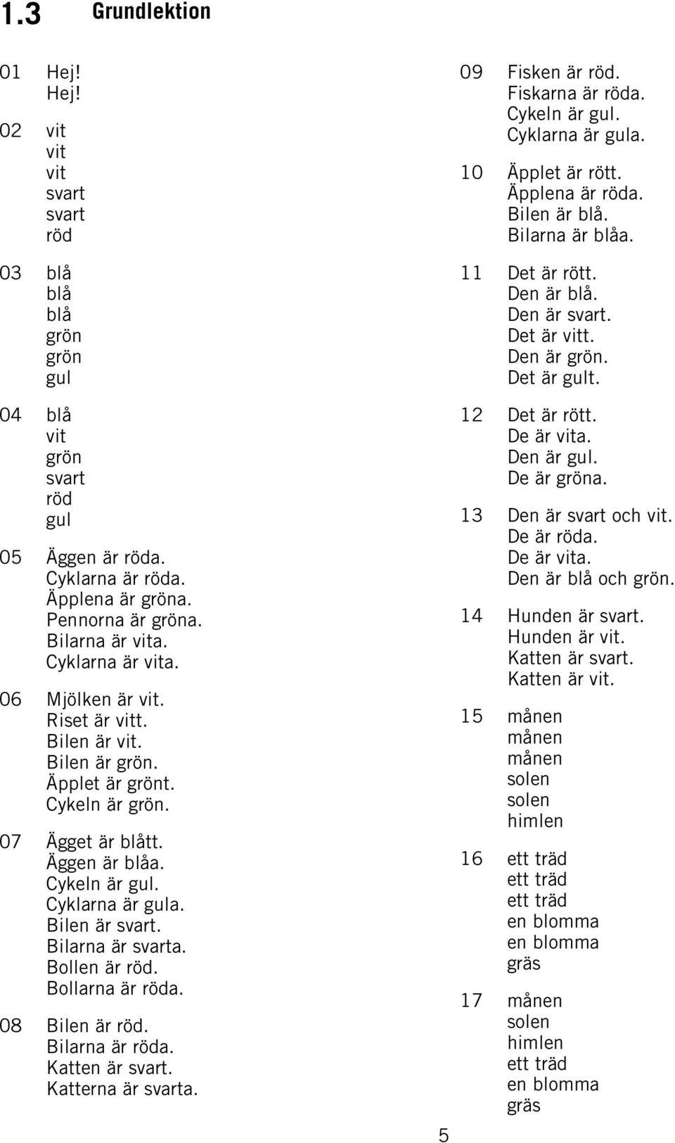 Bilen är svart. Bilarna är svarta. Bollen är röd. Bollarna är röda. 08 Bilen är röd. Bilarna är röda. Katten är svart. Katterna är svarta. 5 09 Fisken är röd. Fiskarna är röda. Cykeln är gul.