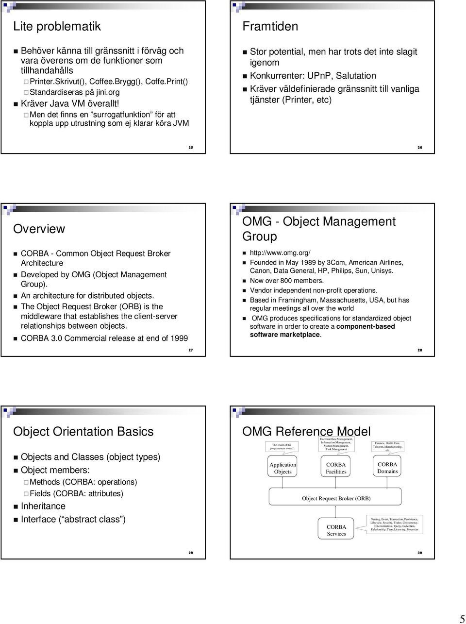 Kräver väldefinierade gränssnitt till vanliga tjänster Printer, etc) Overview CORBA - Common Object Request Broker Architecture Developed by OMG Object Management Group).