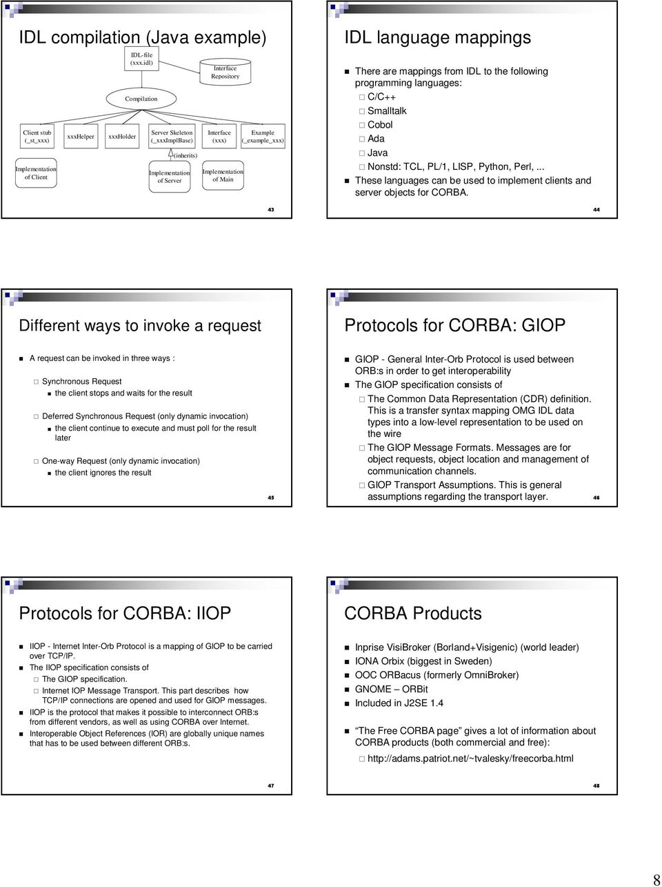 mappings from IDL to the following programming languages: C/C++ Smalltalk Cobol Ada Java Nonstd: TCL, PL/1, LISP, Python, Perl,.