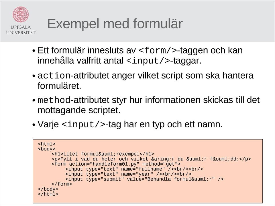 Varje <input/>-tag har en typ och ett namn.