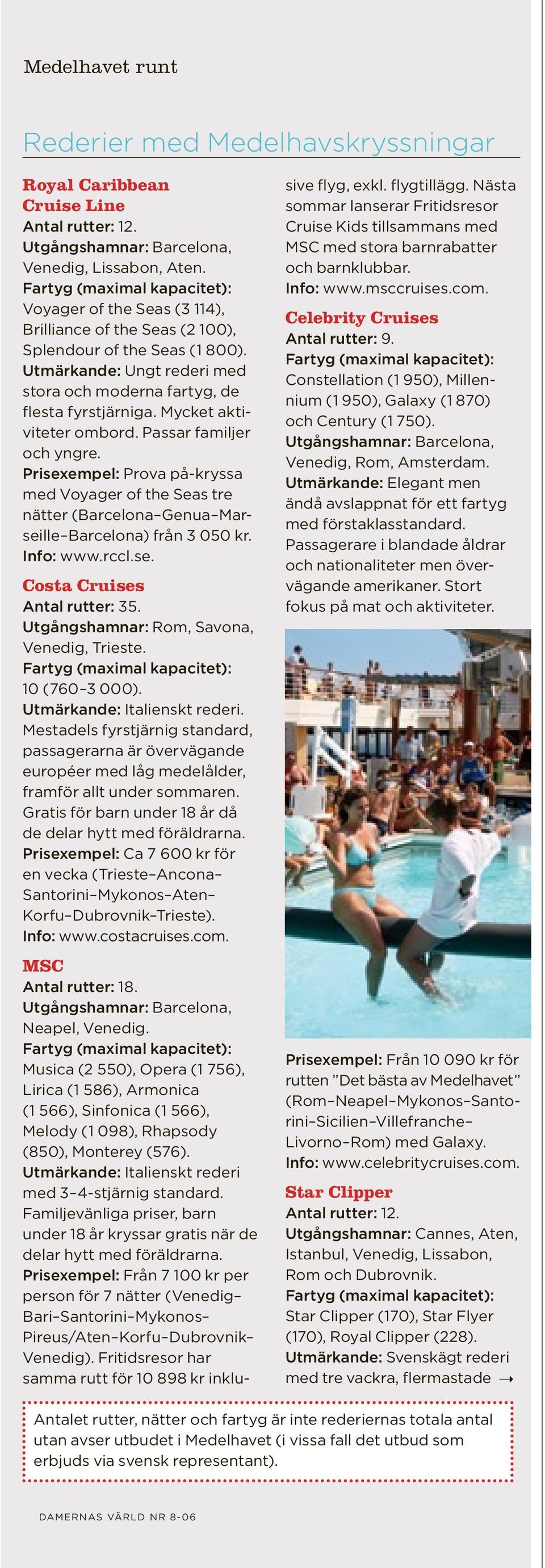 Prisexempel: Prova på-kryssa med Voyager of the Seas tre nätter (Barcelona Genua Marseille Barcelona) från 3 050 kr. Info: www.rccl.se. Costa Cruises Antal rutter: 35.