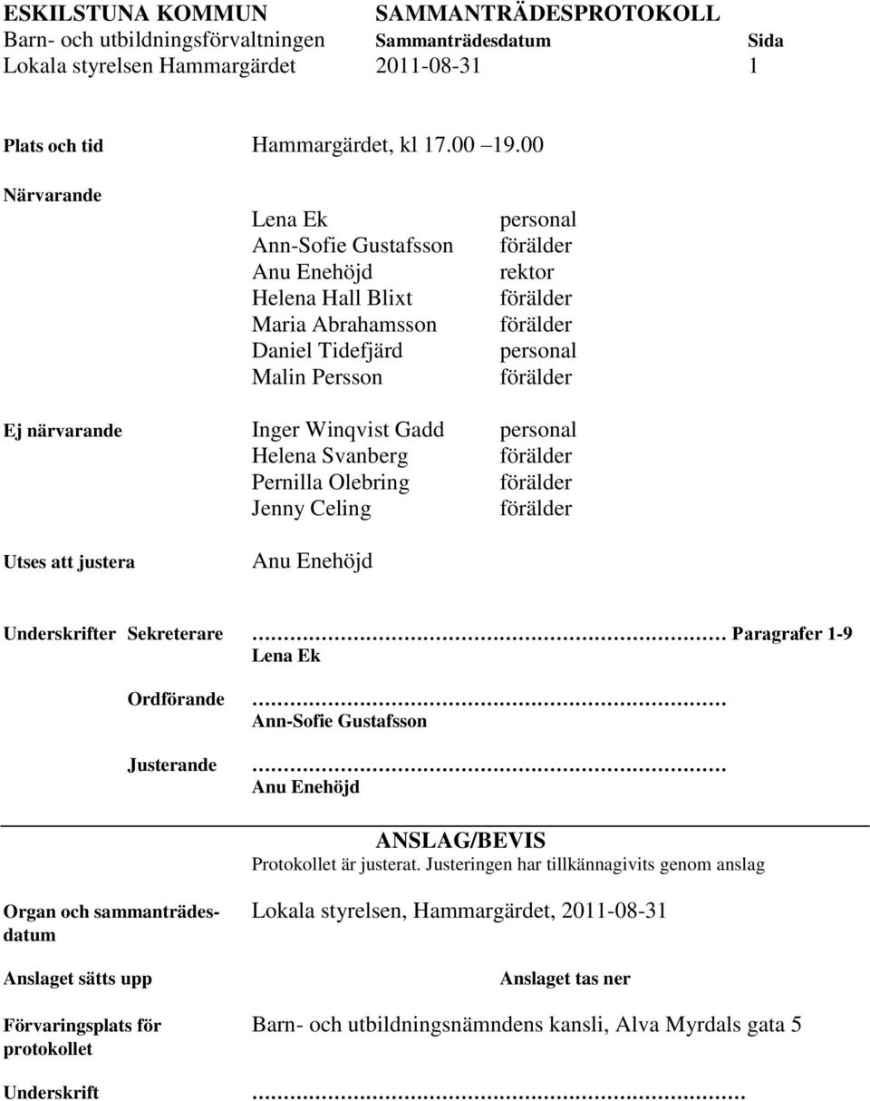 personal Helena Svanberg Pernilla Olebring Jenny Celing Utses att justera Anu Enehöjd Underskrifter Sekreterare Paragrafer 1-9 Lena Ek Ordförande Justerande Ann-Sofie Gustafsson Anu