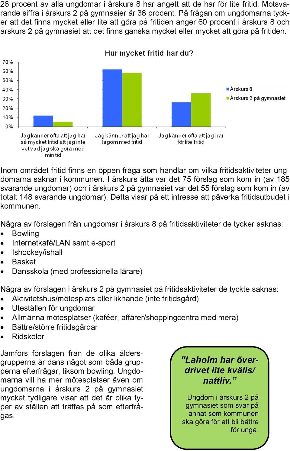 fritiden. Inom området fritid finns en öppen fråga som handlar om vilka fritidsaktiviteter ungdomarna saknar i kommunen.