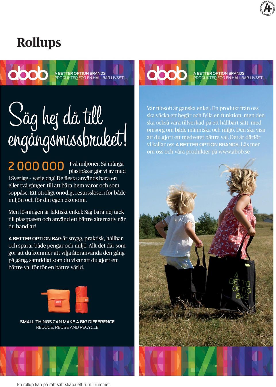 Det är därför vi kallar oss A BETTER OPTION BRANDS. Läs mer om oss och våra produkter på www.abob.se 2 000 000 Två miljoner. Så många plastpåsar gör vi av med i Sverige varje dag!