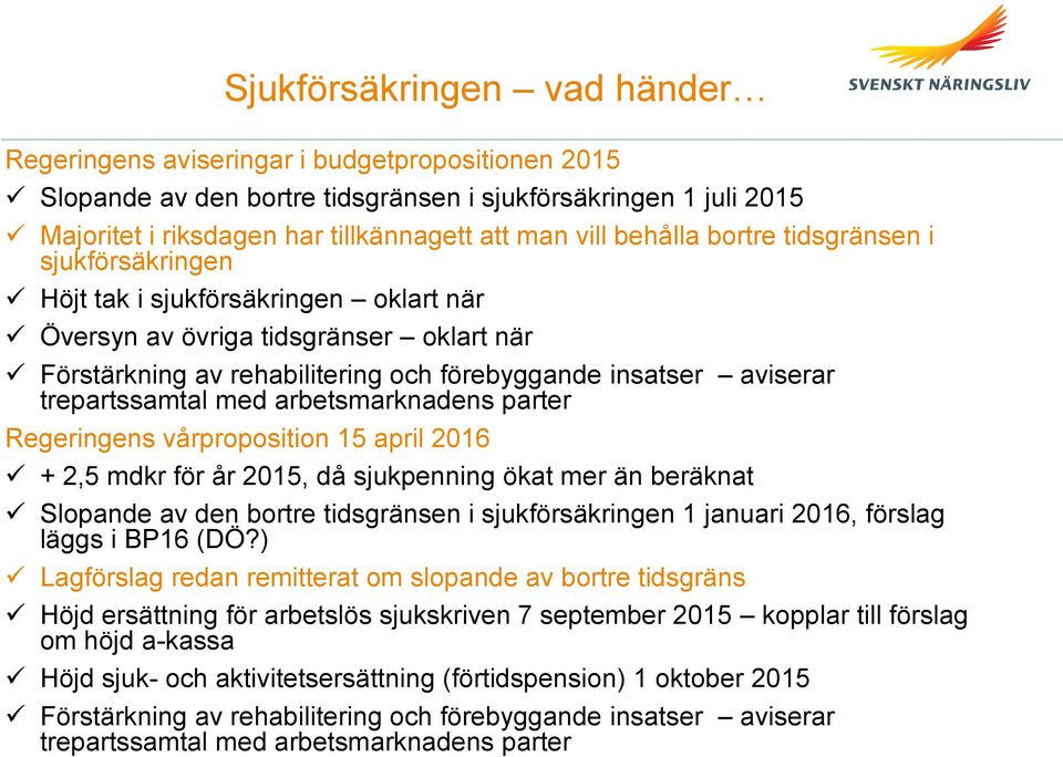 trepartssamtal med arbetsmarknadens parter Regeringens vårproposition 15 april 2016 + 2,5 mdkr för år 2015, då sjukpenning ökat mer än beräknat Slopande av den bortre tidsgränsen i sjukförsäkringen 1