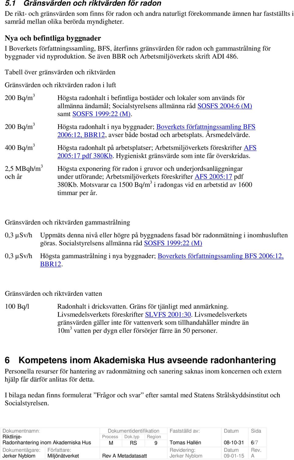 Tabell över gränsvärden ch riktvärden Gränsvärden ch riktvärden radn i luft 200 Bq/m 3 Högsta radnhalt i befintliga bstäder ch lkaler sm används för allmänna ändamål; Scialstyrelsens allmänna råd