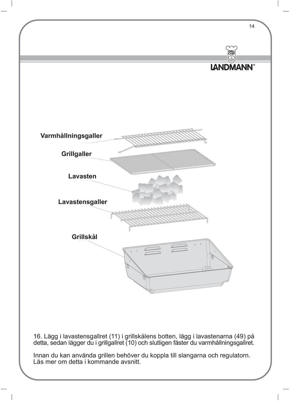 sedan lägger du i grillgallret (10) och slutligen fäster du varmhållningsgallret.