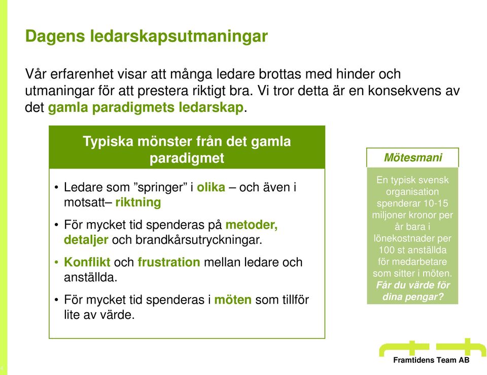 Typiska mönster från det gamla paradigmet Ledare som springer i olika och även i motsatt riktning För mycket tid spenderas på metoder, detaljer och