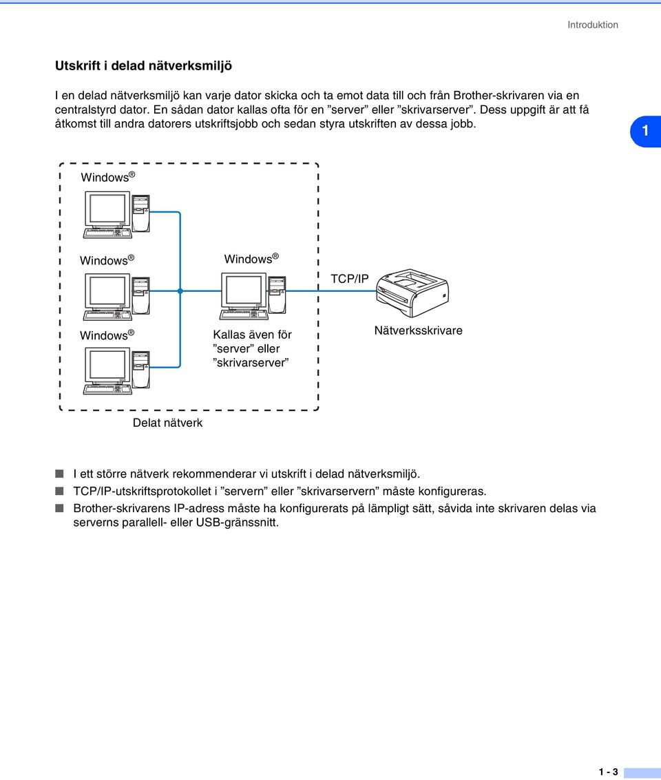 1 Windows Windows Windows TCP/IP Windows Kallas även för server eller skrivarserver Nätverksskrivare Delat nätverk I ett större nätverk rekommenderar vi utskrift i delad nätverksmiljö.