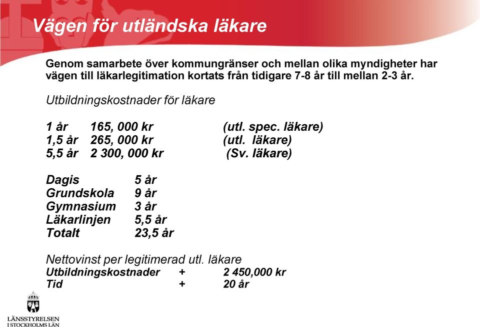 Utbildningskostnader för läkare 1 år 165, 000 kr (utl. spec. läkare) 1,5 år 265, 000 kr (utl.
