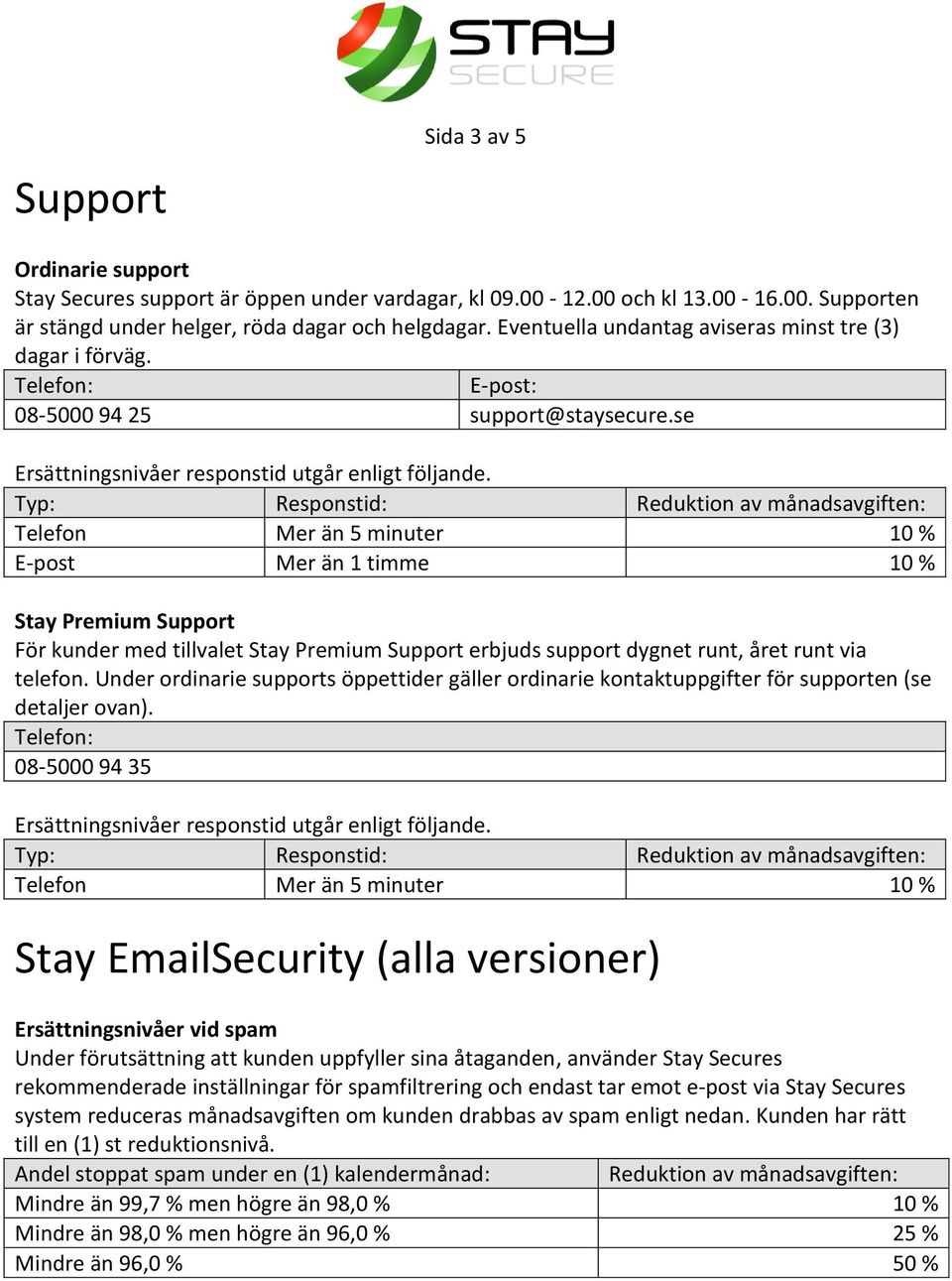 Typ: Responstid: Telefon Mer än 5 minuter 10 % E-post Mer än 1 timme 10 % Stay Premium Support För kunder med tillvalet Stay Premium Support erbjuds support dygnet runt, året runt via telefon.