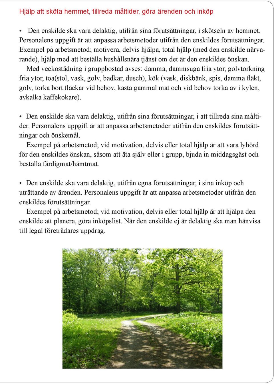 Exempel på arbetsmetod; motivera, delvis hjälpa, total hjälp (med den enskilde närvarande), hjälp med att beställa hushållsnära tjänst om det är den enskildes önskan.