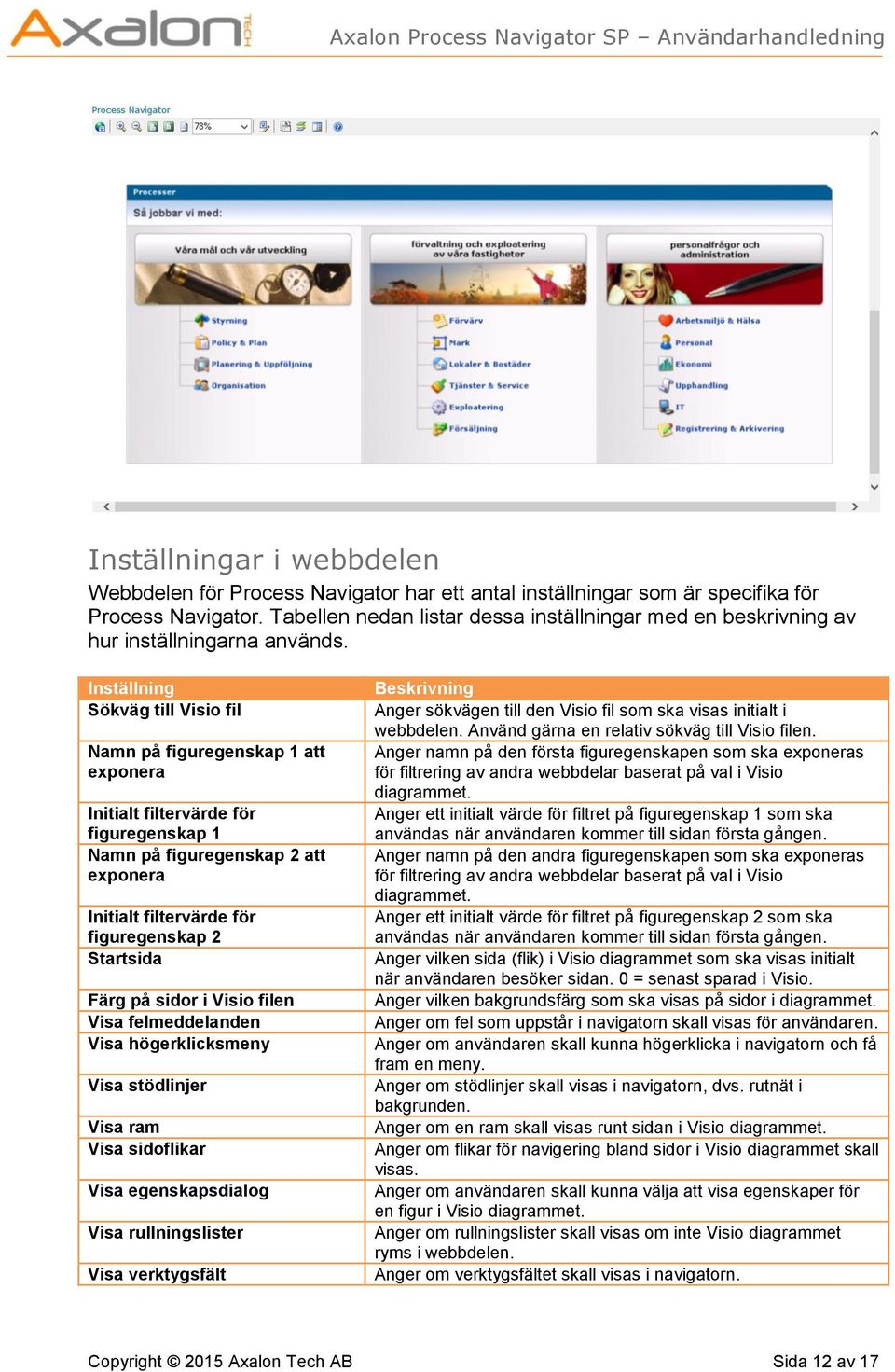 Inställning Sökväg till Visio fil Namn på figuregenskap 1 att exponera Initialt filtervärde för figuregenskap 1 Namn på figuregenskap 2 att exponera Initialt filtervärde för figuregenskap 2 Startsida