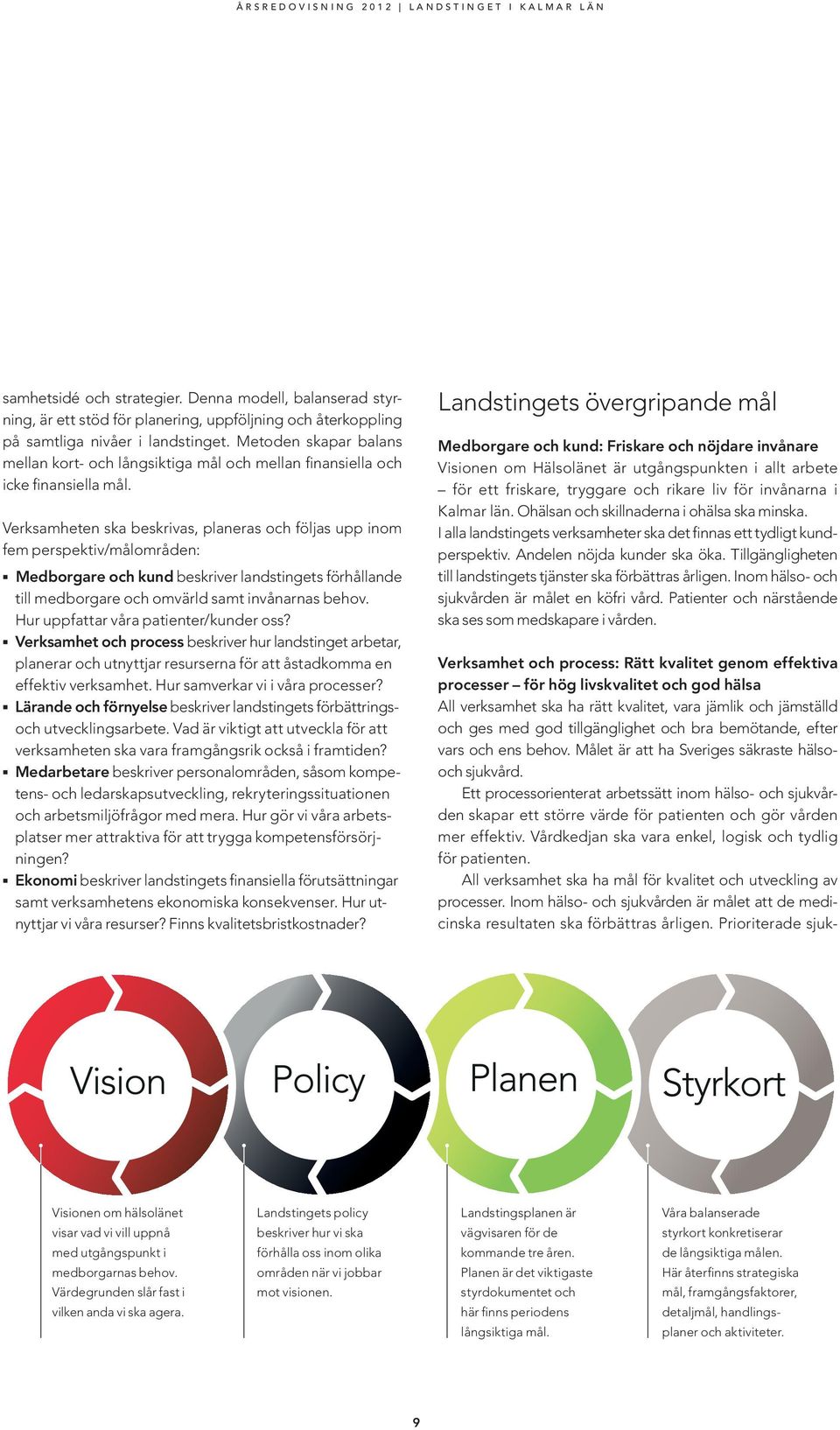 Verksamheten ska beskrivas, planeras och följas upp inom fem perspektiv/målområden: Medborgare och kund beskriver landstingets förhållande till medborgare och omvärld samt invånarnas behov.