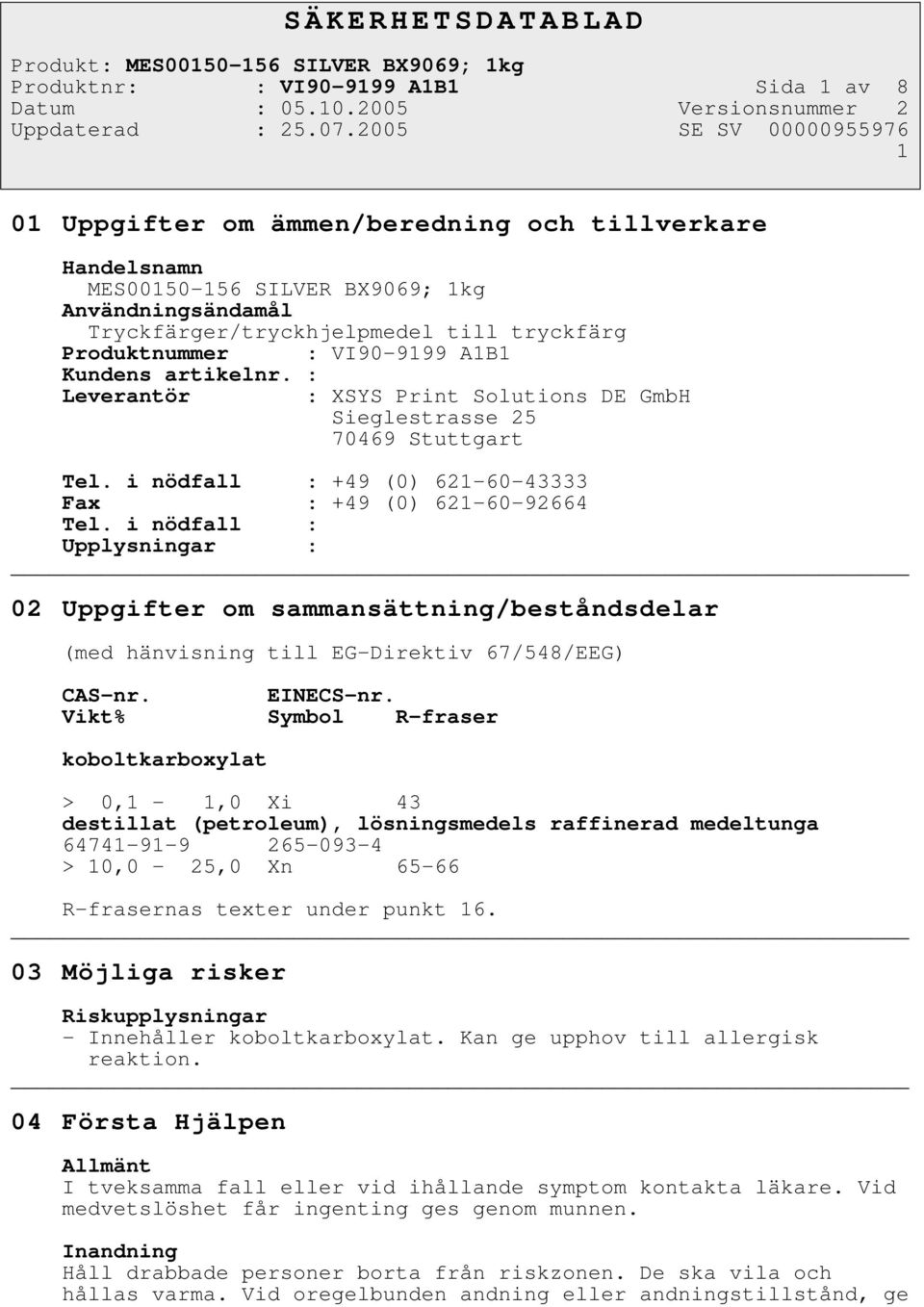 i nödfall : Upplysningar : 02 Uppgifter om sammansättning/beståndsdelar (med hänvisning till EG-Direktiv 67/548/EEG) CAS-nr. EINECS-nr.