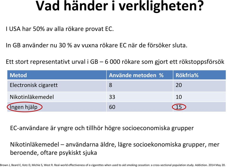 Ingen hjälp 60 15 EC-användare är yngre och tillhör högre socioeconomiska grupper Nikotinläkemedel användarna äldre, lägre socioekonomiska grupper, mer beroende,