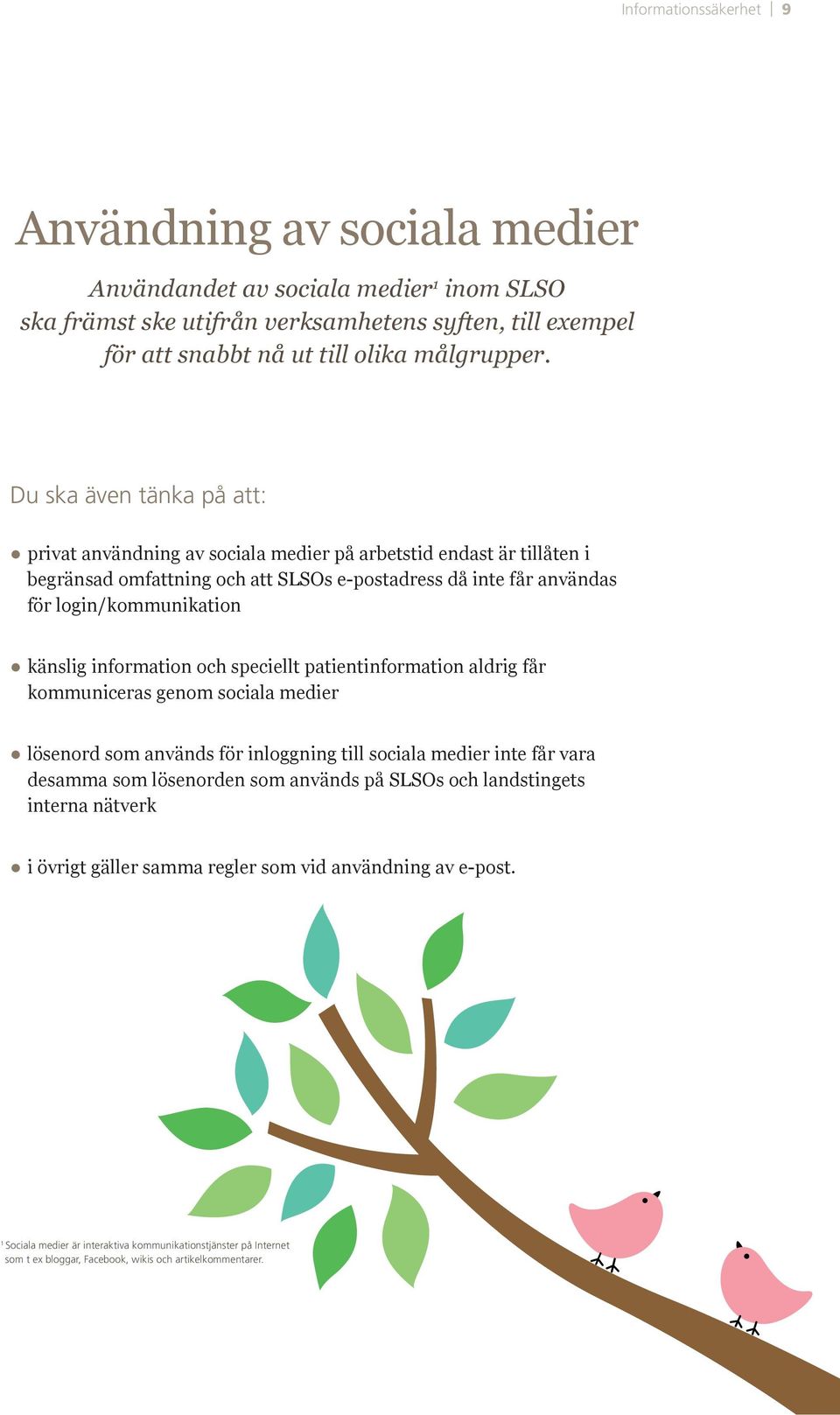 Du ska även tänka på att: privat användning av sociala medier på arbetstid endast är tillåten i begränsad omfattning och att SLSOs e-postadress då inte får användas för login/kommunikation