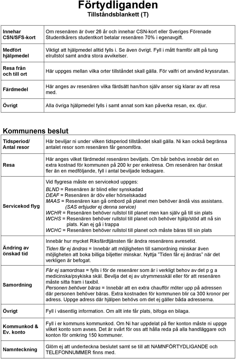 För valfri ort använd kryssrutan. Här anges av resenären vilka färdsätt han/hon själv anser sig klarar av att resa med. Alla övriga fylls i samt annat som kan påverka resan, ex. djur.