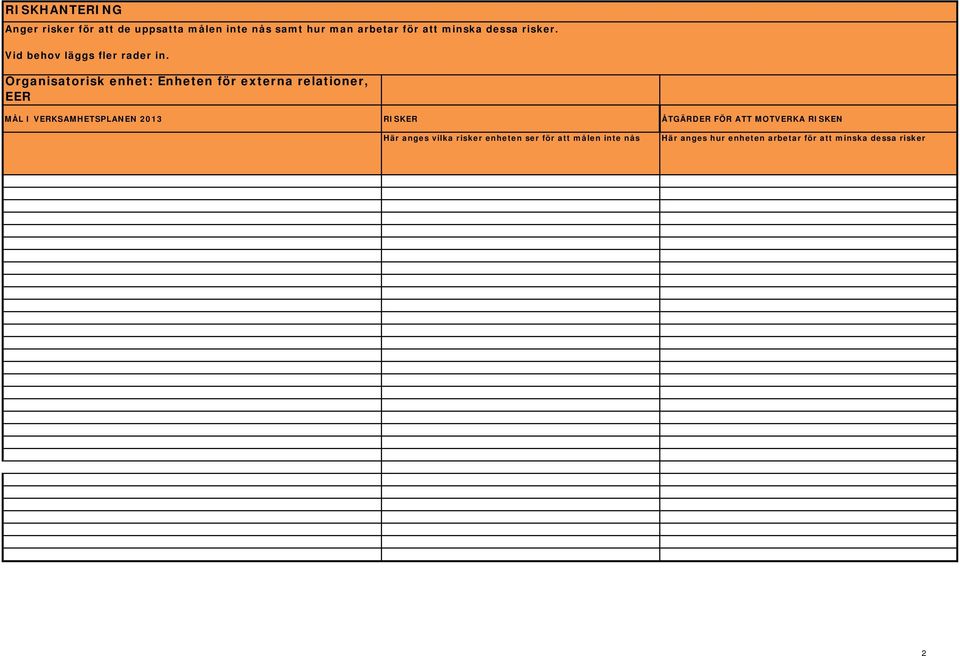 Organisatorisk enhet: Enheten för externa relationer, EER MÅL I VERKSAMHETSPLANEN 2013 RISKER