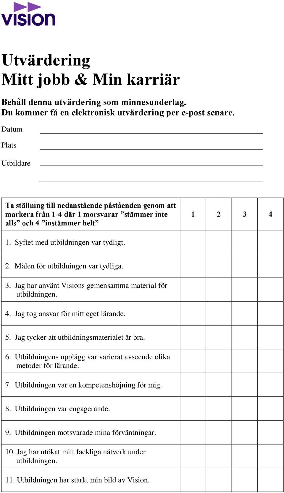 3. Jag har använt Visions gemensamma material för utbildningen. 4. Jag tog ansvar för mitt eget lärande. 5. Jag tycker att utbildningsmaterialet är bra. 6.